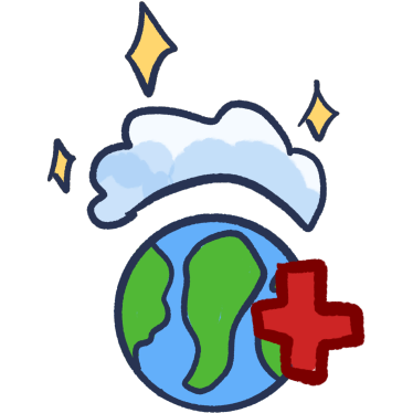 a globe with a sparkling cloud above it and a red plus sign in front.